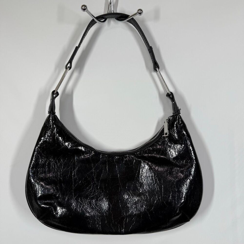 Mango MNG Women’s black silver shoulder hobo crescent purse 13x6x9"